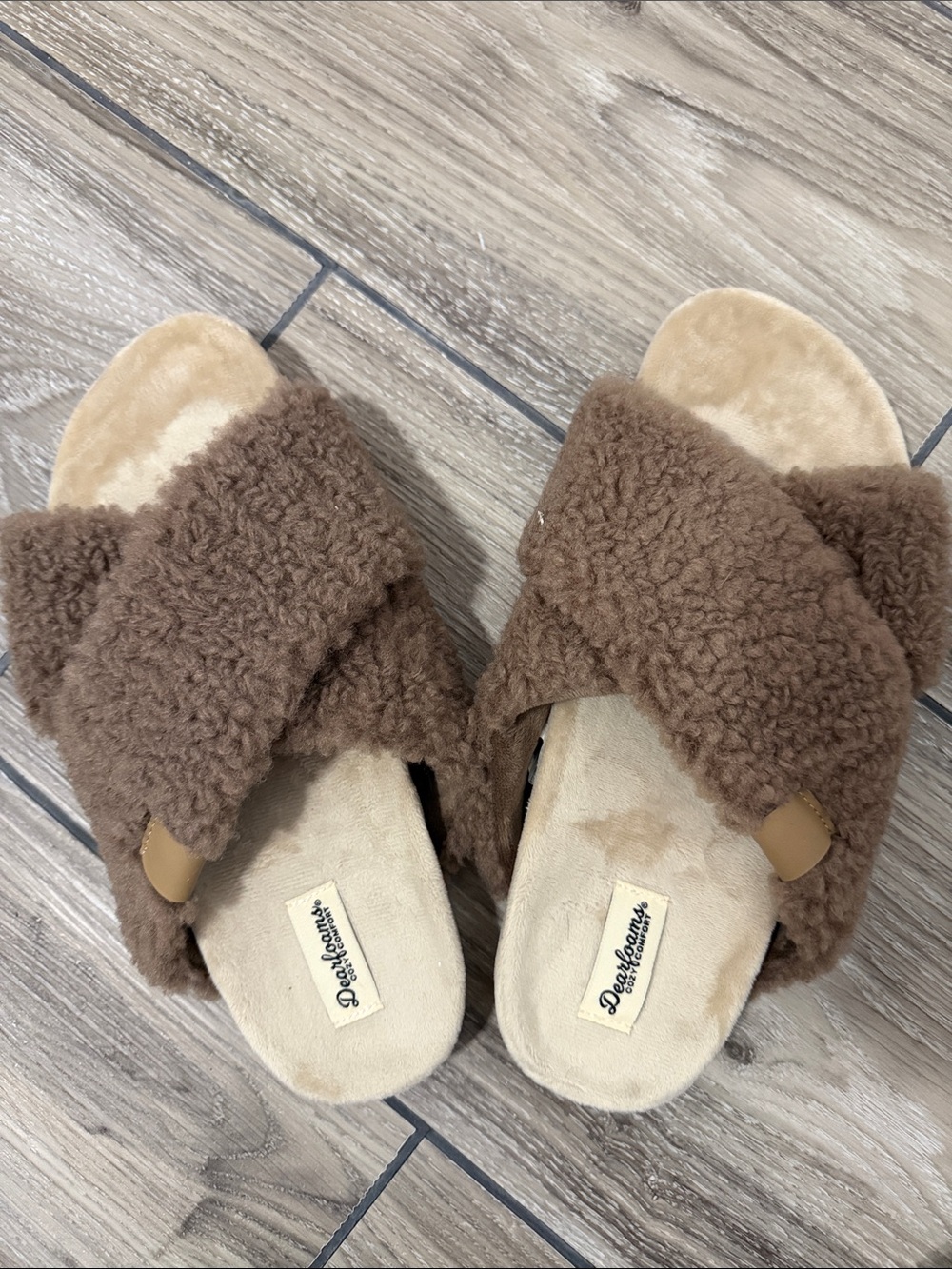Womens Brown Fuzzy Crossband Slide Sandals